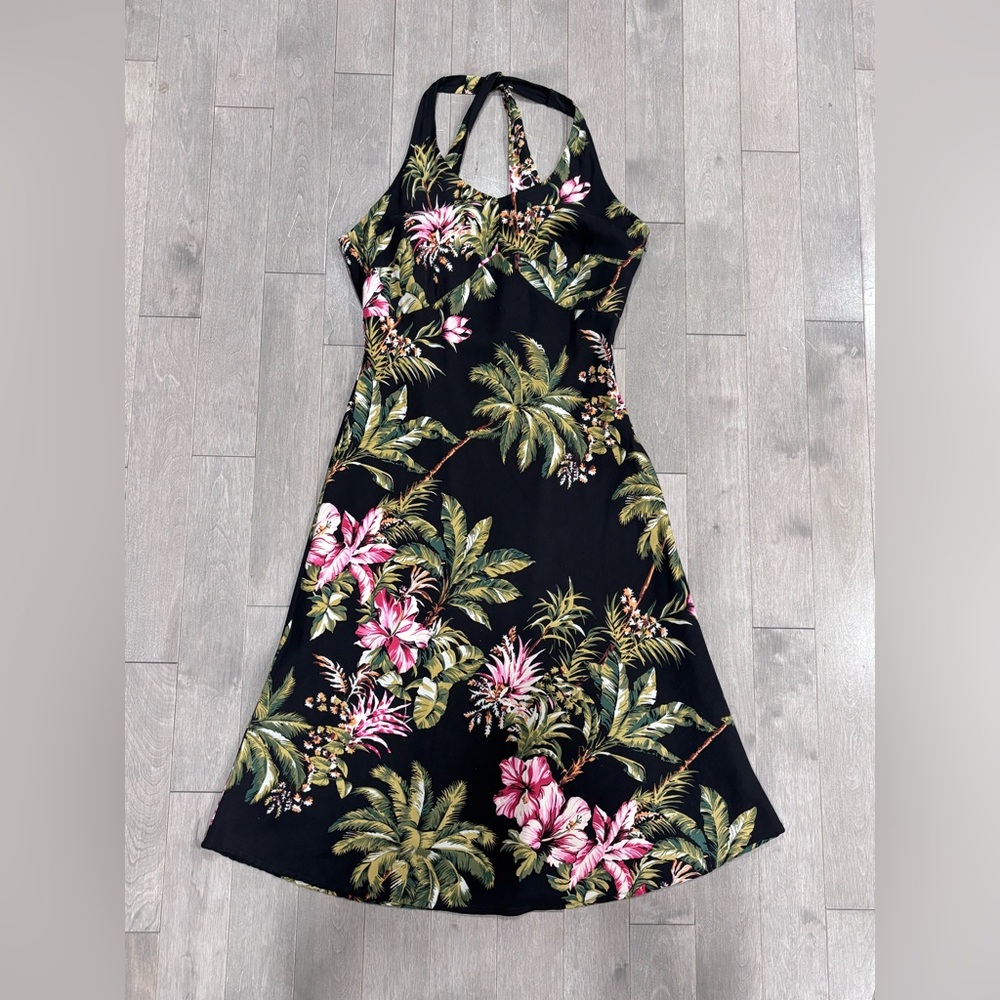Vintage Rum Runner 100% Silk Hawaiian Halter Midi Dress Black Floral, Size 8